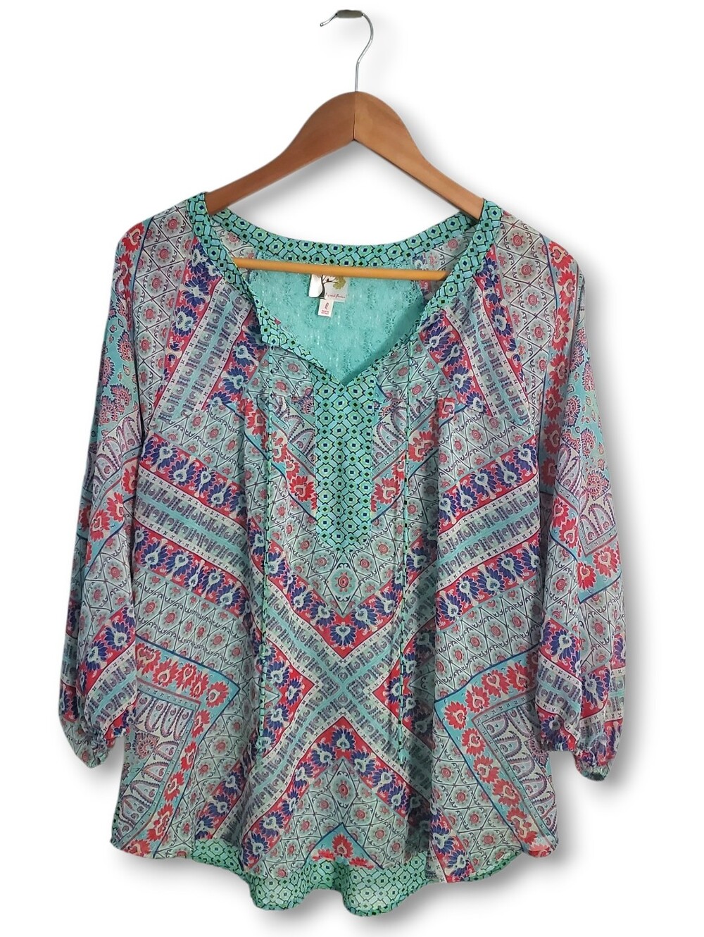 fig and flower Balloon Sleeved Boho Sheer Blouse, Size L